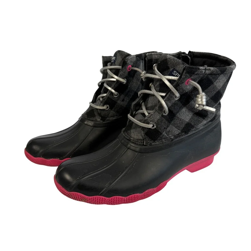 Sperry Saltwater Plaid Duck Boots Black Pink Waterproof Zip Side Kids Size 4